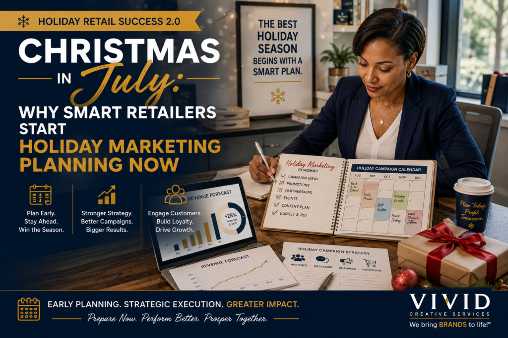 Retail business leader planning holiday marketing campaigns in July using a strategic marketing calendar, revenue forecast, campaign schedule, and holiday preparation roadmap. The image features business planning tools, holiday retail marketing concepts, campaign development, holiday sales strategy, customer engagement planning, and Christmas in July marketing preparation. Designed for retailers seeking to improve holiday sales, foot traffic, online visibility, and customer experience through strategic planning. The visual emphasizes proactive marketing leadership, business growth, holiday campaign readiness, and long-term success. Includes the title "Christmas in July: Why Smart Retailers Start Holiday Marketing Planning Now" and the Vivid Creative Services logo.
