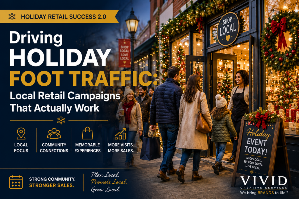 Holiday shoppers entering a decorated local retail store during the holiday season. The image represents holiday foot traffic campaigns, local retail marketing, community engagement, holiday shopping events, and customer experience strategies. Features a festive storefront, seasonal decorations, active shoppers, and retail marketing concepts designed to attract customers and increase sales. Supports topics including holiday retail success, local business growth, holiday marketing campaigns, community partnerships, and customer engagement. Designed to illustrate how retailers can drive store traffic through strategic local marketing and memorable in-store experiences. Includes Vivid Creative Services branding and holiday retail growth messaging.