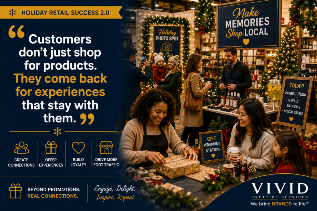 Holiday retail experience featuring customers participating in seasonal activities, product demonstrations, and community-focused events inside a retail store. Designed to illustrate experiential retail, customer engagement, holiday foot traffic generation, and in-store marketing strategies. Highlights how memorable experiences encourage shoppers to visit physical retail locations and build stronger customer relationships. Includes holiday decorations, customer interaction, retail event marketing concepts, and community engagement opportunities. Supports local retail growth, holiday campaign planning, customer loyalty development, and retail experience design. Includes the quote about customer experiences and Vivid Creative Services branding.