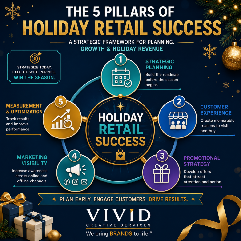 Infographic showing the five pillars of holiday retail success including strategic planning, customer experience, promotional strategy, marketing visibility, and measurement and optimization. Designed to help retailers build effective holiday marketing campaigns, improve customer engagement, increase sales, and strengthen business performance. Features a modern business framework with supporting icons and educational visual elements. Highlights best practices for holiday planning, marketing leadership, retail growth, and holiday campaign management. Ideal for retailers seeking to improve holiday sales and customer experiences through strategic preparation. Includes Vivid Creative Services branding, logo, and educational business marketing framework.