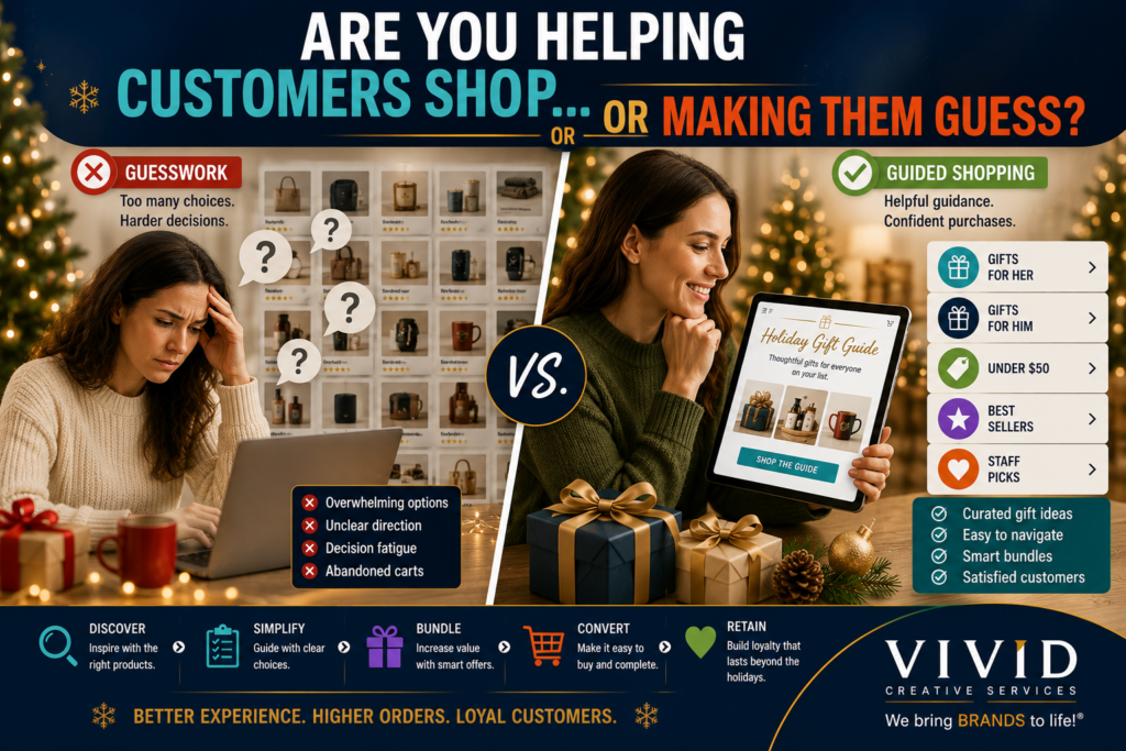 Retail marketing graphic showing the difference between overwhelming customers with choices and guiding customers through curated gift recommendations. Represents holiday gift guide marketing, customer experience design, product bundling, holiday conversion optimization, and retail sales strategy. Designed to help retailers understand how simplifying shopping decisions can increase holiday sales and improve customer satisfaction. Features shopping journey concepts, product recommendation strategies, customer engagement techniques, and holiday merchandising best practices. Supports topics including holiday retail marketing, online sales optimization, customer decision-making, and Vivid Creative Services branding with holiday growth messaging.