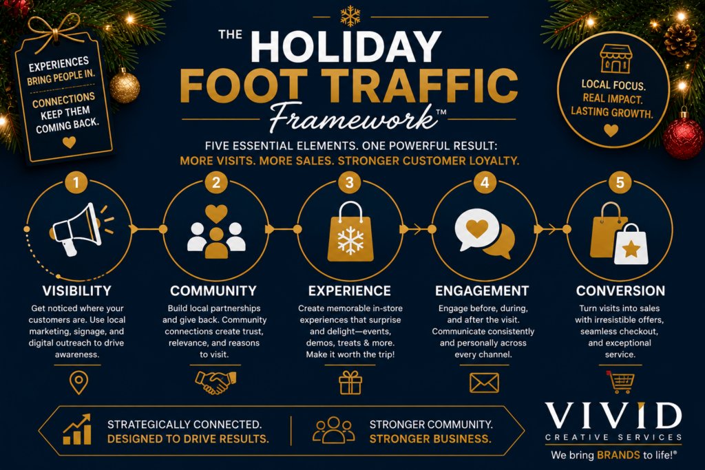 Educational infographic illustrating the Holiday Foot Traffic Framework including Visibility, Community, Experience, Engagement, and Conversion. Designed to help retailers understand how local marketing, customer engagement, and community involvement work together to increase holiday store traffic. Features business growth concepts, retail marketing strategies, customer experience principles, and holiday sales planning. Supports holiday foot traffic campaigns, local retail marketing, community engagement, experiential retail, and holiday customer acquisition. Includes visual icons, strategic marketing concepts, and Vivid Creative Services branding. Helps retailers create more effective holiday traffic generation campaigns and improve customer relationships.