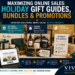 Holiday retail display featuring curated gift guides, bundled products, seasonal promotions, and customer shopping solutions. The image represents holiday sales growth strategies, gift guide marketing, product bundling, customer purchasing decisions, and holiday conversion optimization. Designed to help retailers understand how curated recommendations, strategic promotions, and product packages increase average transaction values and improve customer experiences. Features holiday shopping inspiration, seasonal merchandising, retail marketing concepts, and revenue generation strategies. Supports topics including holiday online sales, holiday retail promotions, conversion optimization, customer engagement, and holiday marketing planning. Includes Vivid Creative Services branding and logo.
