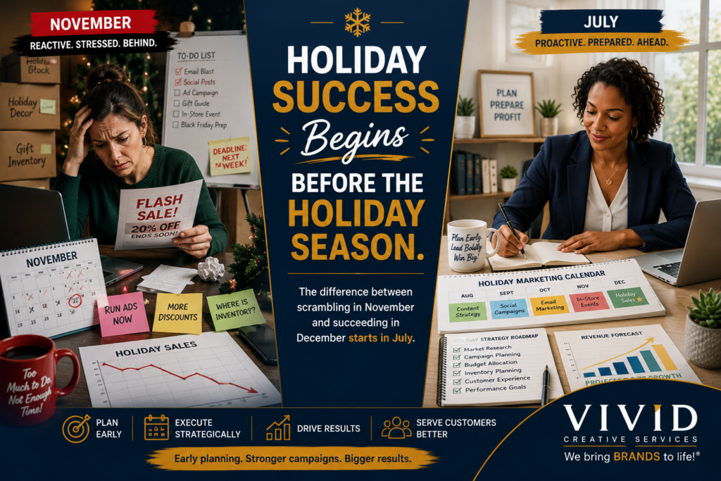 Comparison image showing two retail planning approaches. One retailer is overwhelmed by last-minute holiday marketing tasks, inventory issues, and campaign deadlines. The other retailer is strategically planning holiday marketing efforts in July using a calendar, business plan, and organized workflow. The visual highlights the importance of early holiday retail planning, proactive marketing strategy, holiday sales preparation, and business leadership. Designed to educate retailers about the value of Christmas in July marketing and long-term campaign development. Supports holiday marketing strategy, retail growth planning, customer engagement preparation, and holiday business success. Includes Vivid Creative Services branding and logo.
