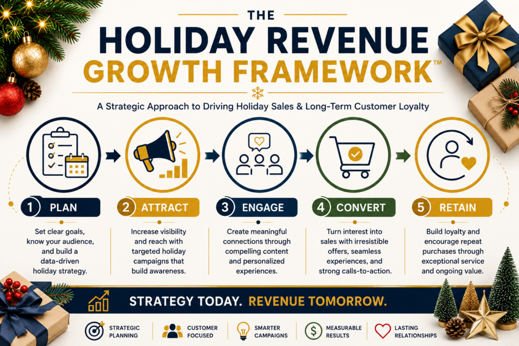 Business framework infographic showing the Holiday Revenue Growth Framework including Plan, Attract, Engage, Convert, and Retain. Designed to help retailers understand the customer journey and create effective holiday marketing campaigns that increase revenue and customer loyalty. Features business growth concepts, customer acquisition strategies, holiday sales planning, customer retention tactics, and marketing leadership principles. Educational visual created for retailers seeking to improve holiday marketing performance, customer engagement, and long-term profitability. Includes strategic planning concepts, holiday campaign development, marketing optimization, and Vivid Creative Services branding with logo placement.