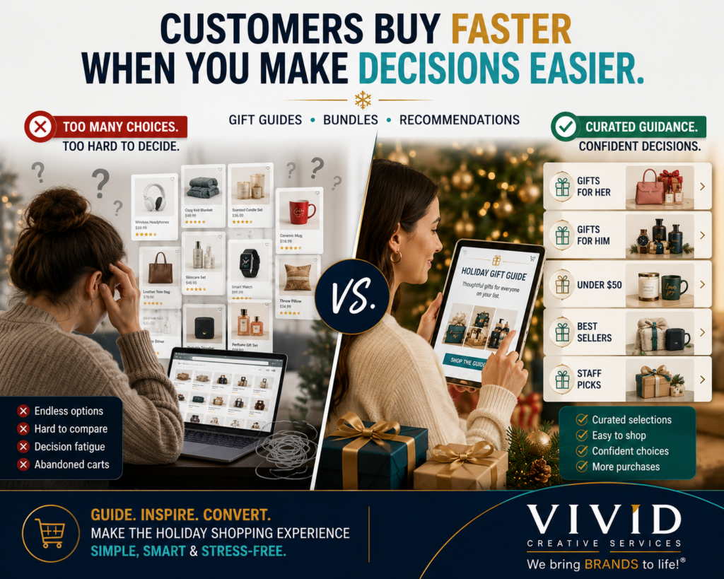 Holiday shopping comparison graphic showing decision fatigue versus guided shopping experiences. Features a customer using a curated holiday gift guide to simplify purchasing decisions and find appropriate gifts more quickly. Represents holiday gift guide marketing, customer experience optimization, holiday conversion strategies, and retail merchandising best practices. Designed to demonstrate how retailers can increase holiday sales by helping customers navigate choices and make confident purchasing decisions. Supports holiday retail planning, holiday promotions, product recommendations, customer engagement, and sales optimization. Includes holiday-themed shopping visuals, customer decision-making concepts, and Vivid Creative Services branding.