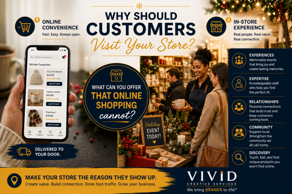 Retail marketing graphic comparing online shopping convenience with in-store customer experiences, local business relationships, community engagement, and personalized service. Designed to encourage retailers to identify and communicate unique reasons customers should visit physical locations. Supports holiday foot traffic generation, experiential retail, customer engagement, retail value proposition development, and local marketing strategy. Features retail storefront imagery, online shopping concepts, customer experience benefits, and holiday retail planning themes. Encourages strategic thinking about customer needs and shopping behavior. Includes Vivid Creative Services branding and holiday retail success messaging.