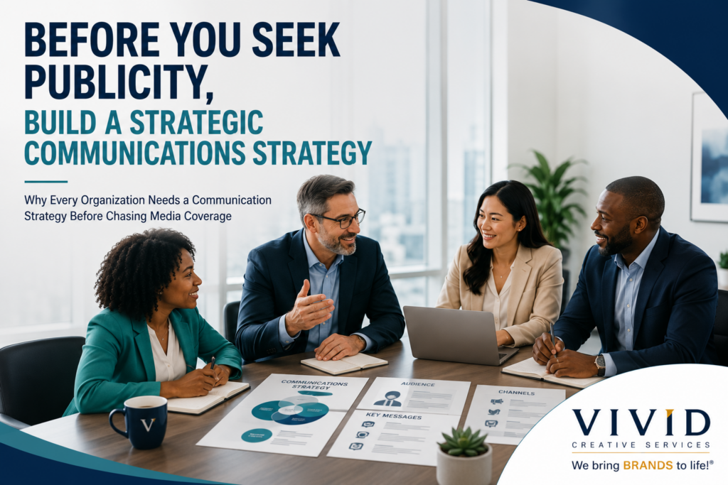 Executive leadership team collaborating on a strategic communications strategy to strengthen organizational visibility, credibility, and trust. The image represents communication planning, public relations strategy, integrated marketing, stakeholder engagement, leadership communications, brand messaging, organizational alignment, and strategic decision-making. Designed for business leaders, nonprofit organizations, educational institutions, healthcare providers, professional service firms, and government agencies seeking to improve communication effectiveness before pursuing media coverage. Features strategic planning documents, communication frameworks, collaboration, and executive leadership while reinforcing Strategy First principles and the Vivid Creative Services brand.