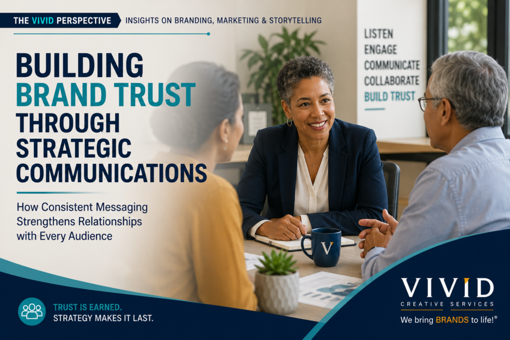 Editorial cover image illustrating strategic communications and brand trust through authentic leadership and relationship building. Features an executive engaging in meaningful conversation with employees, customers, community members, or organizational stakeholders to demonstrate transparency, collaboration, credibility, and trust. Represents consistent messaging, leadership communication, stakeholder engagement, organizational reputation, executive leadership, business growth, nonprofit leadership, healthcare communications, educational leadership, and public sector communications. Supports topics including brand trust, strategic communications, organizational credibility, authentic leadership, relationship marketing, stakeholder confidence, executive communications strategy, and long-term reputation management. Branded for Vivid Creative Services and The Vivid Perspective.