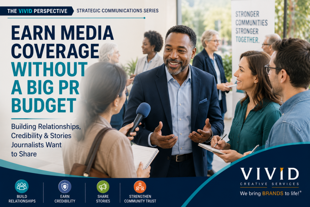 Professional executive leadership image illustrating how organizations earn media coverage through strategic communications, community relationships, and credibility instead of large public relations budgets. Business leader engaging with journalists, community stakeholders, nonprofit partners, healthcare professionals, educators, and civic leaders in an authentic setting. Represents earned media, public relations strategy, strategic communications, thought leadership, organizational trust, community engagement, leadership visibility, and relationship-building. Supports topics including media relations, brand credibility, nonprofit communications, business marketing strategy, education communications, healthcare public relations, and executive leadership while reinforcing the Strategy First philosophy of Vivid Creative Services.