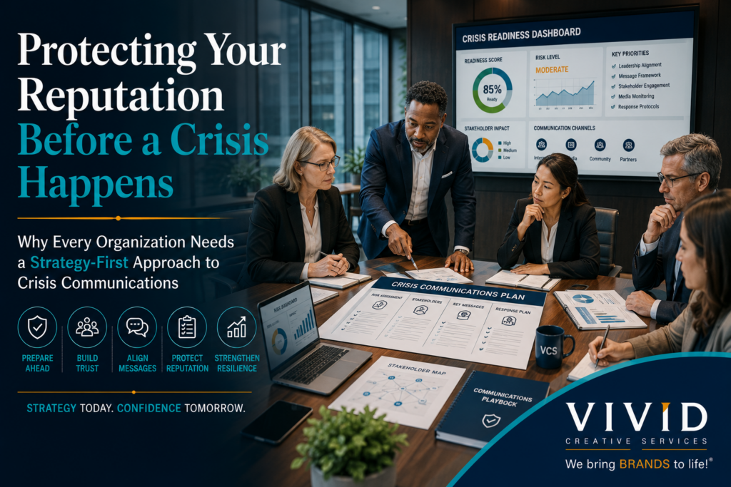 Editorial cover image illustrating executive leadership preparing a strategic crisis communications plan before organizational challenges occur. Features business leaders collaborating around planning documents, communication dashboards, and organizational strategy materials. Represents crisis communications, reputation management, organizational resilience, leadership communication, strategic communications, executive planning, stakeholder trust, risk management, business continuity, nonprofit leadership, healthcare leadership, educational leadership, and government communications. Designed for The Vivid Perspective by Vivid Creative Services to demonstrate that proactive planning, trust, and strategic leadership protect organizational reputation before crises happen.