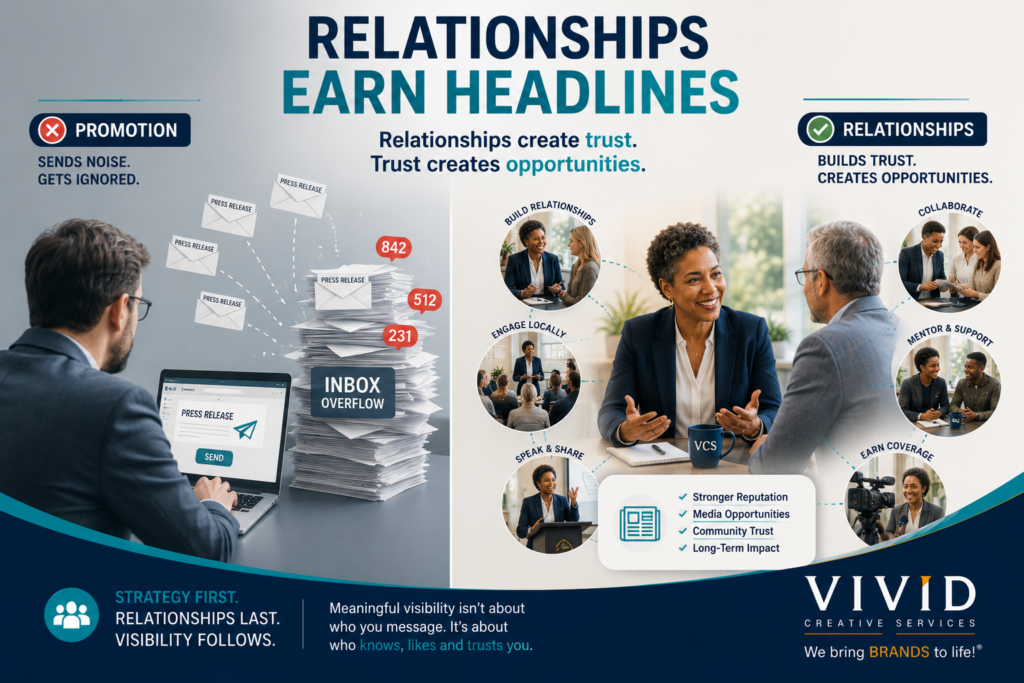 Leadership illustration demonstrating that authentic relationships generate meaningful media coverage more effectively than promotional outreach alone. Executive collaborating with journalists, community organizations, and business leaders while contrasting ineffective mass publicity efforts with long-term relationship-building. Represents strategic communications, earned media, media relations, executive leadership, community engagement, thought leadership, organizational credibility, and brand trust. Designed for business owners, nonprofit executives, school administrators, healthcare leaders, professional service firms, and government agencies seeking sustainable visibility through Strategy First communications planning. Includes Vivid Creative Services branding and reinforces long-term communications strategy.
